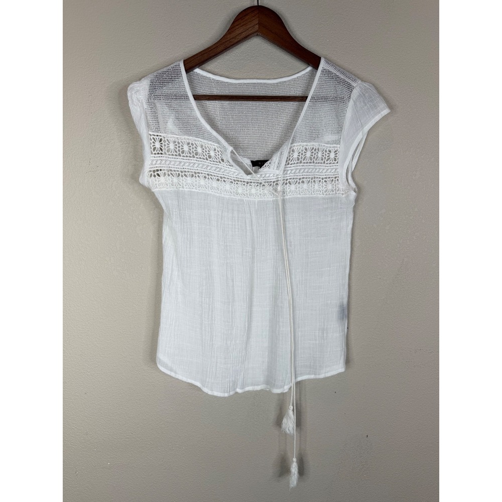 Mine Womens White Gauze Crochet Lace Mesh Yoke Tassel Boho Blouse TA8771 M
